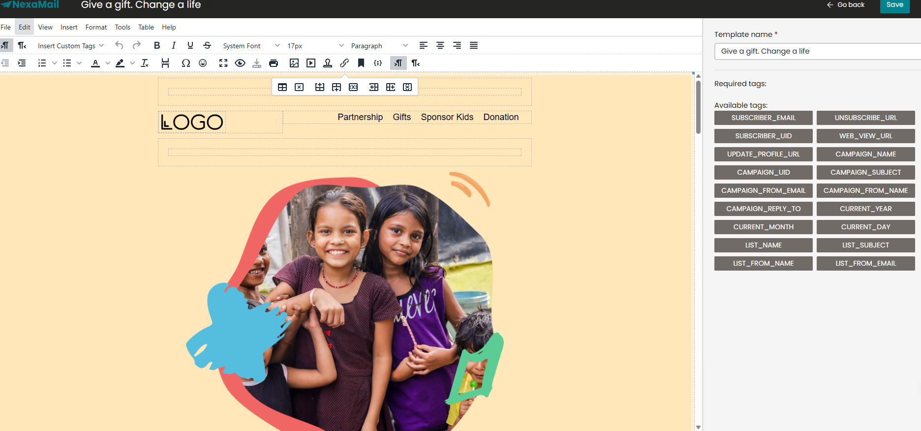 Email template editor experience